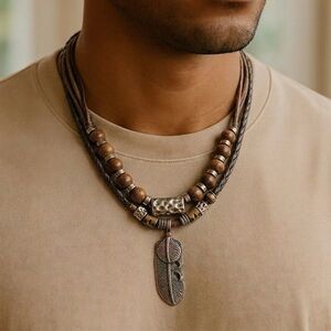 Bohemian Brown Bead & Feather Pendant Necklace - Unbranded